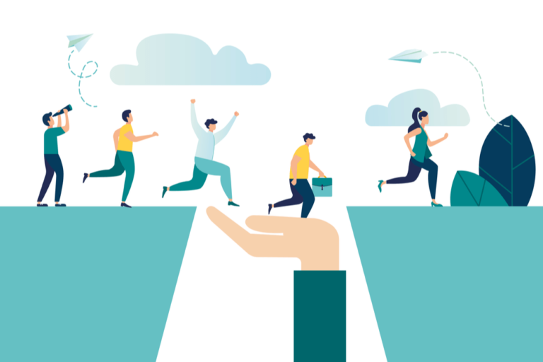 Illustration of people crossing a gap, representing challenges for e-commerce businesses