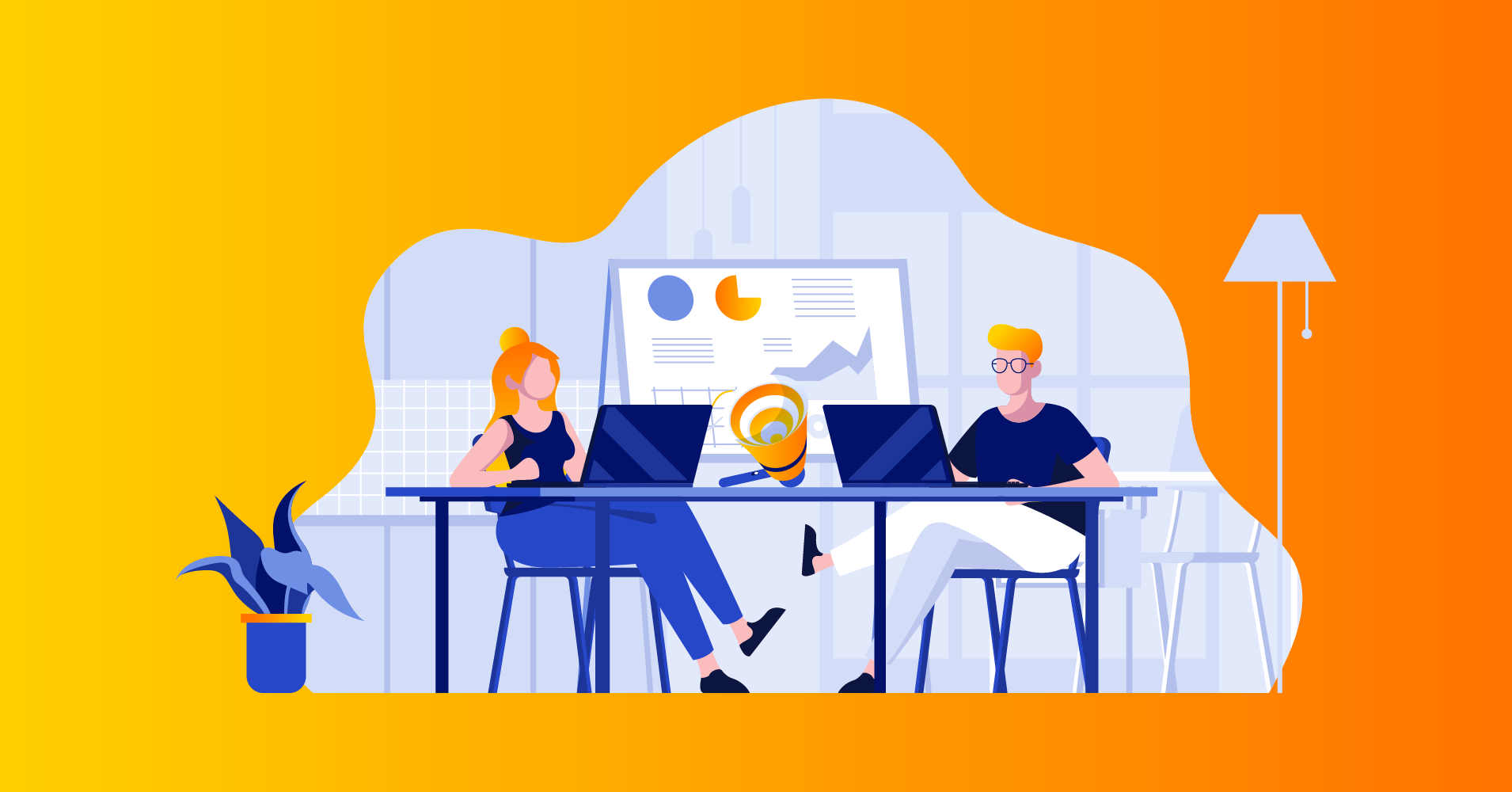 Affiliate marketing illustration with partners working at laptops beside analytics charts