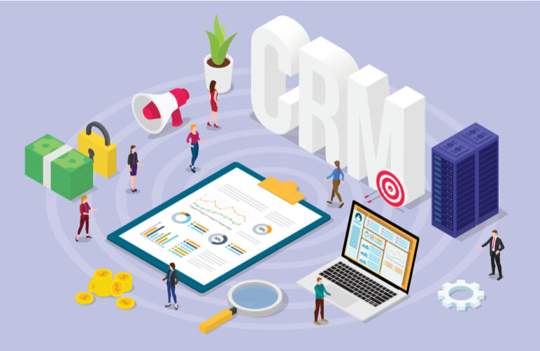 CRM integration illustration connecting customer records, analytics and marketing tools