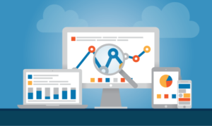 Competitor analysis illustration with charts and a magnifying glass