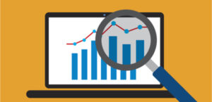 Conversion tracking illustration with campaign performance charts and a magnifying glass
