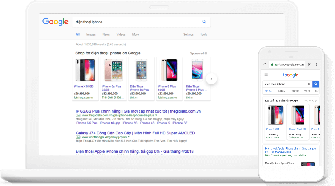 Google search and shopping advertisement examples on desktop and mobile
