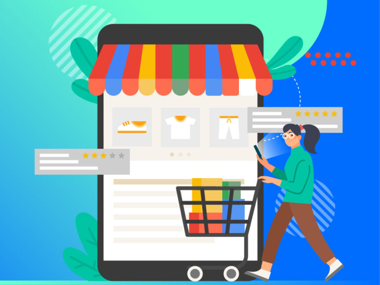 Online storefront and shopper illustrating Google Shopping campaign management