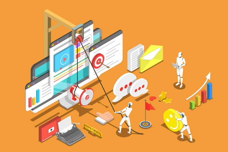 Digital campaign illustration with social content, audience targeting and engagement tools