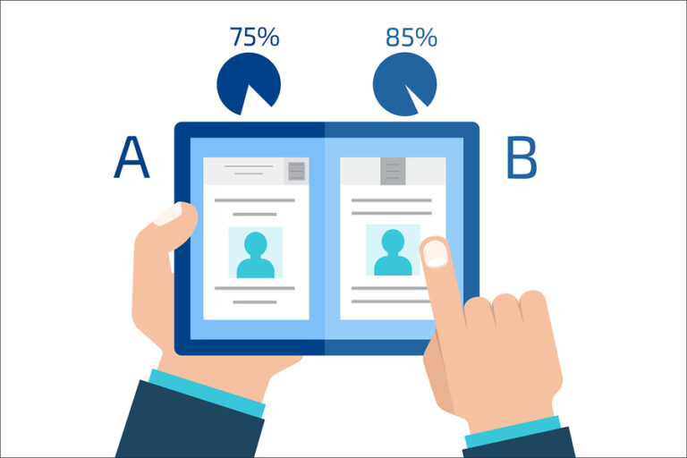 A/B testing illustration comparing two page variations on a tablet