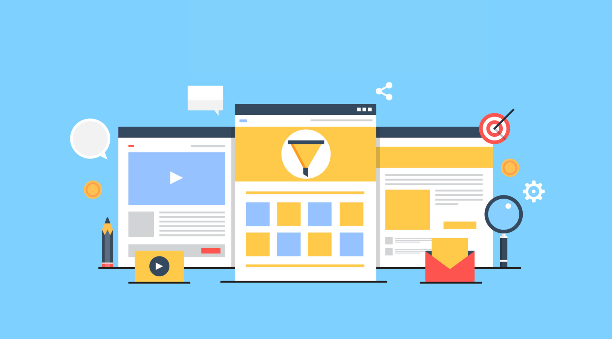 Landing page conversion illustration with web pages, a funnel and calls to action