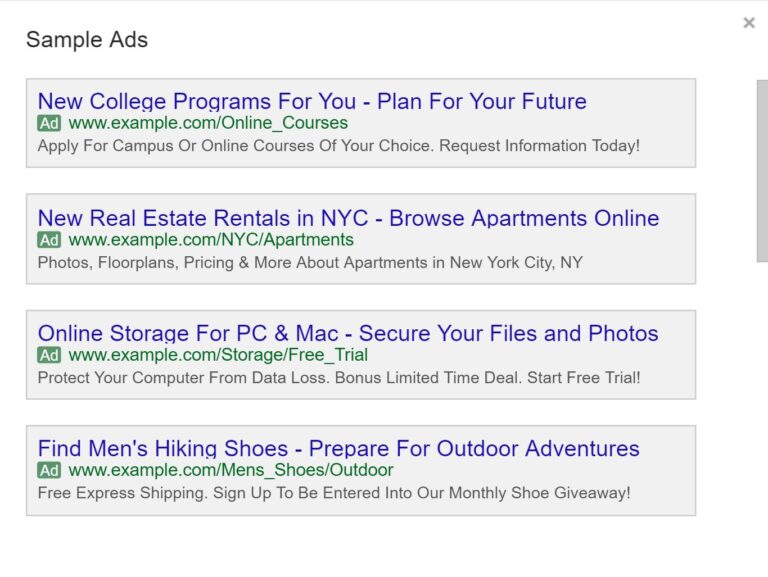 Sample search ad copy for education, property, storage and outdoor products