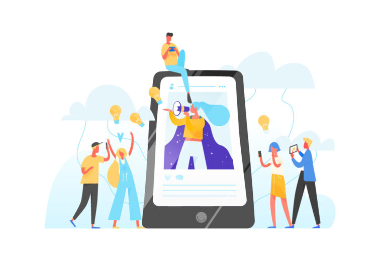 Creators and audiences around a smartphone in an influencer marketing illustration