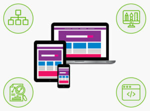 Responsive landing page design illustration on desktop, tablet and mobile