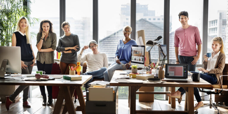 Team collaborating in a bright office